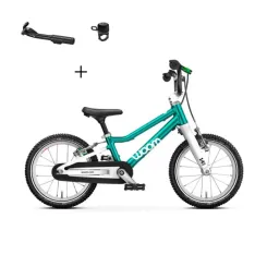 Rowerek dziecięcy Woom 2 GO Metallic Turquoise 14" + Podpórka WOOM Leggie + Dzwonek WOOM Bing